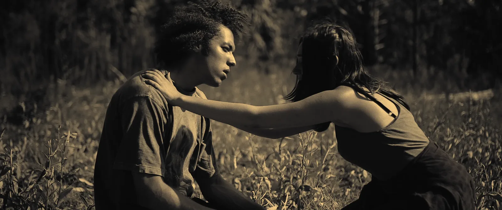 Two actors in a sunlit field, sepia-toned narrative scene