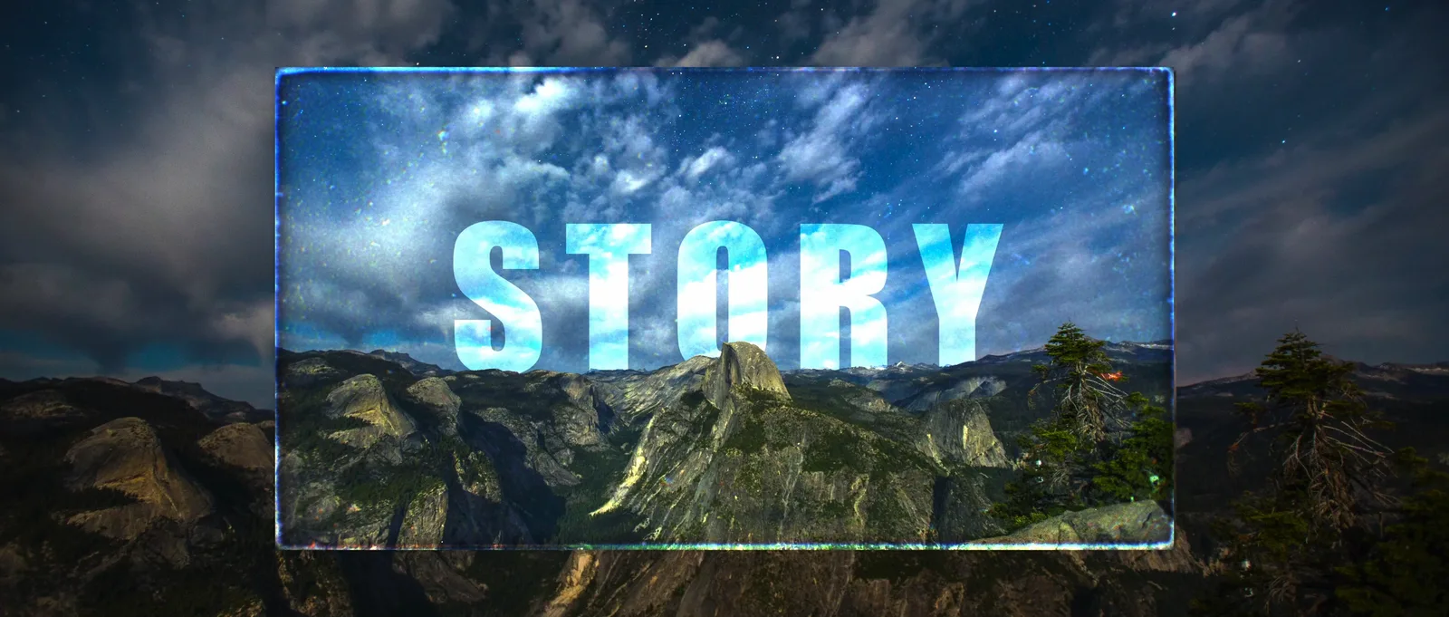 Story title card over a mountain valley